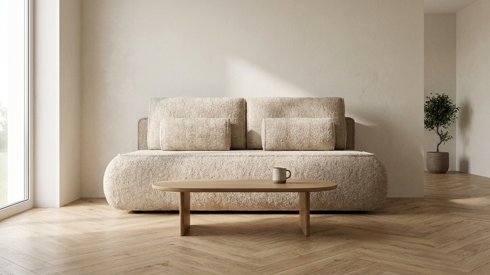 Sofa trzyosobowa GAJA w tkaninie boucle w jasnym salonie